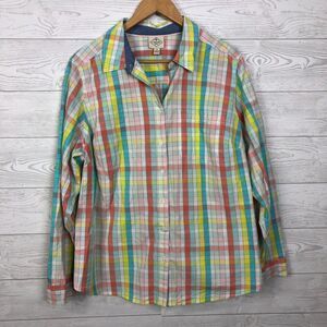 St Johns Bay Womens 2X Plaid Long Sleeve Button Front Shirt 100% Cotton Collared